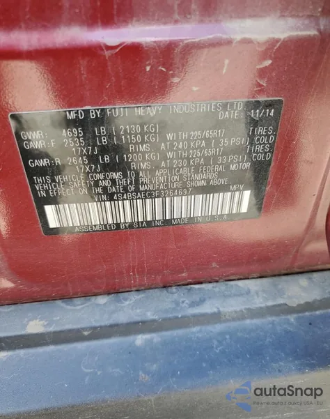 2015 Subaru Outback 2.5I Premium from USA, damaged, VIN 4S4BSAEC3F3264697